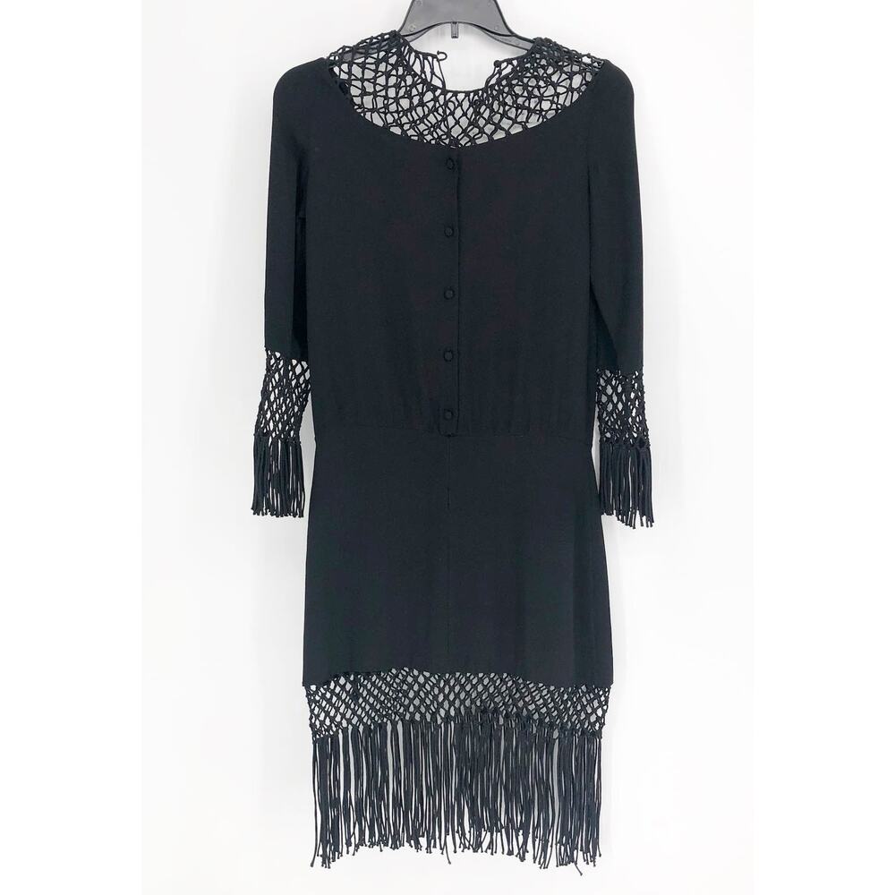 VALENTINO GARAVANI Midi Dress 4 Black Fringed Macramé-Paneled Silk-Crepe FLAW - Picture 7 of 16